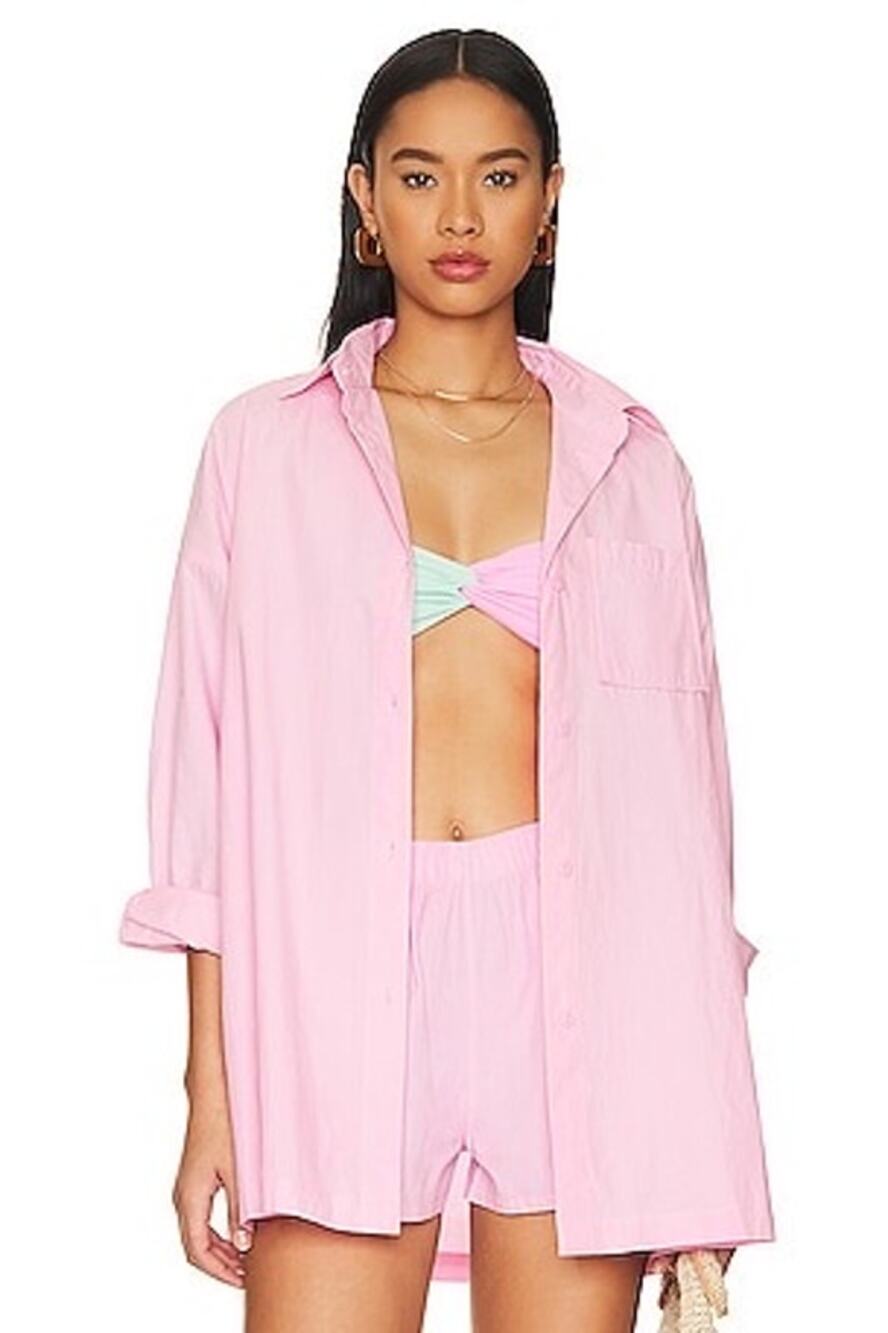 Beach Riot Prism Pink Alexa Button Up Top Tia Shorts Coverup Set